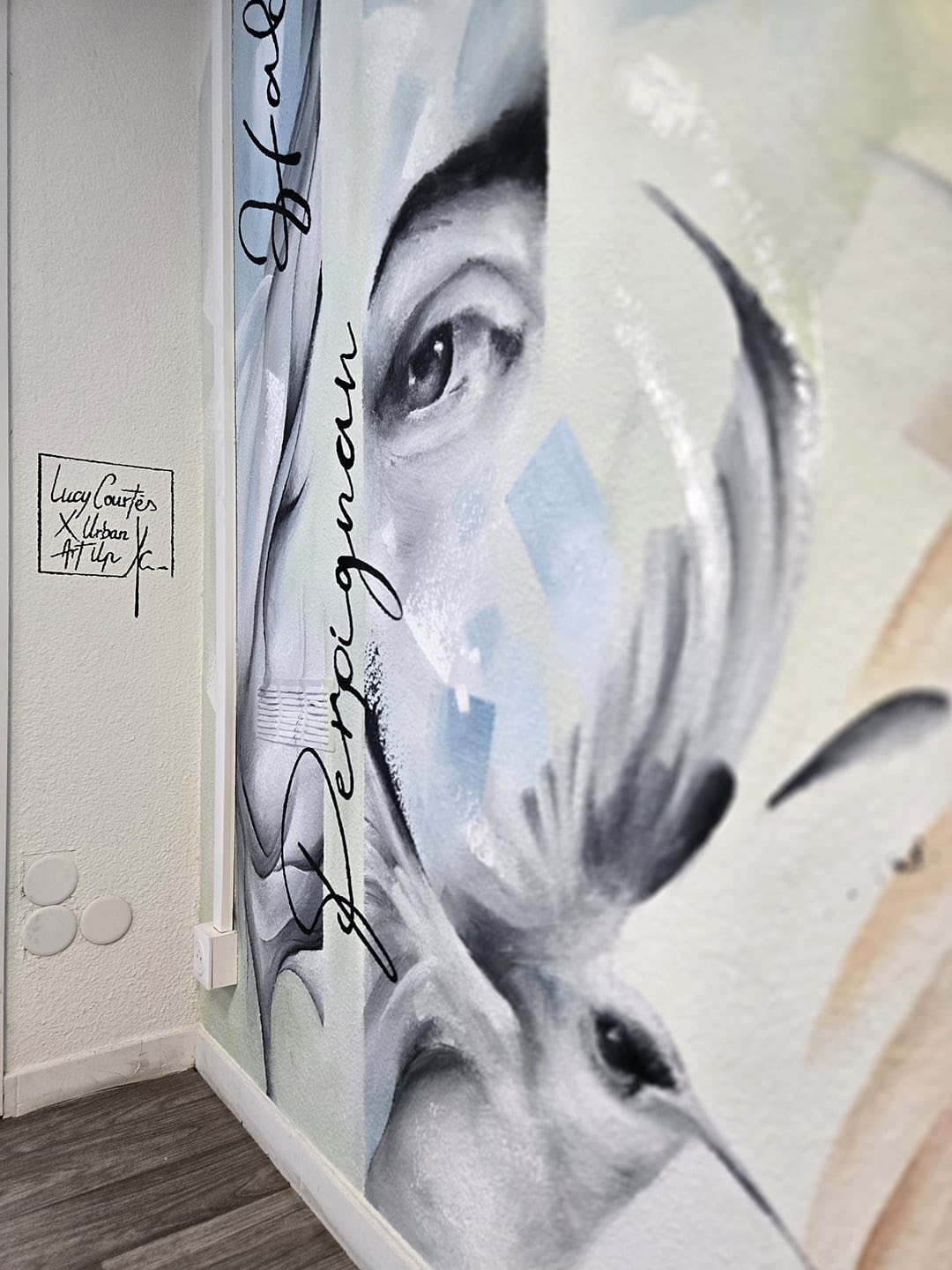 Habitat Perpignan Méditerranée – détail visage et colibri Détail de la fresque murale de Lucy Courtès pour Habitat Perpignan Méditerranée, Agence Torcatis – Clodion, Perpignan – visage et colibri
