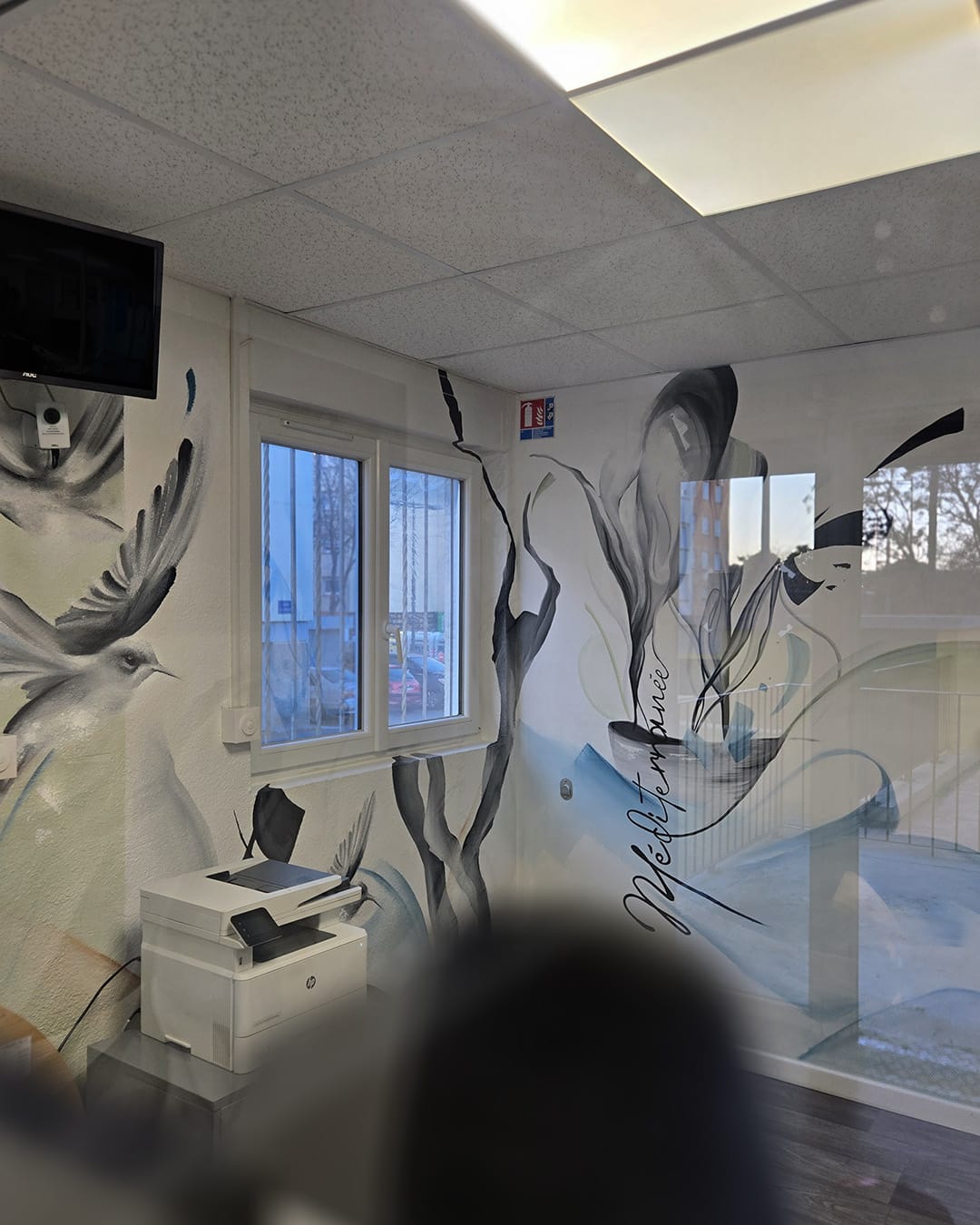 Habitat Perpignan Méditerranée – vue du bureau Fresque murale de Lucy Courtès dans un bureau d'Habitat Perpignan Méditerranée, Agence Torcatis – Clodion, Perpignan