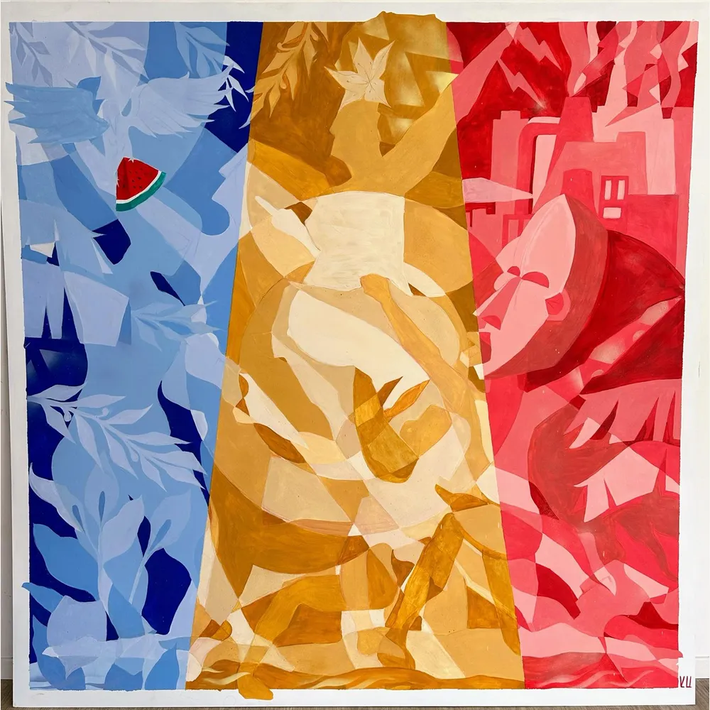 Composition bleu, ocre et rouge sur Dibond de KH, Festival Square Up 2025, Carré d’Or, Perpignan